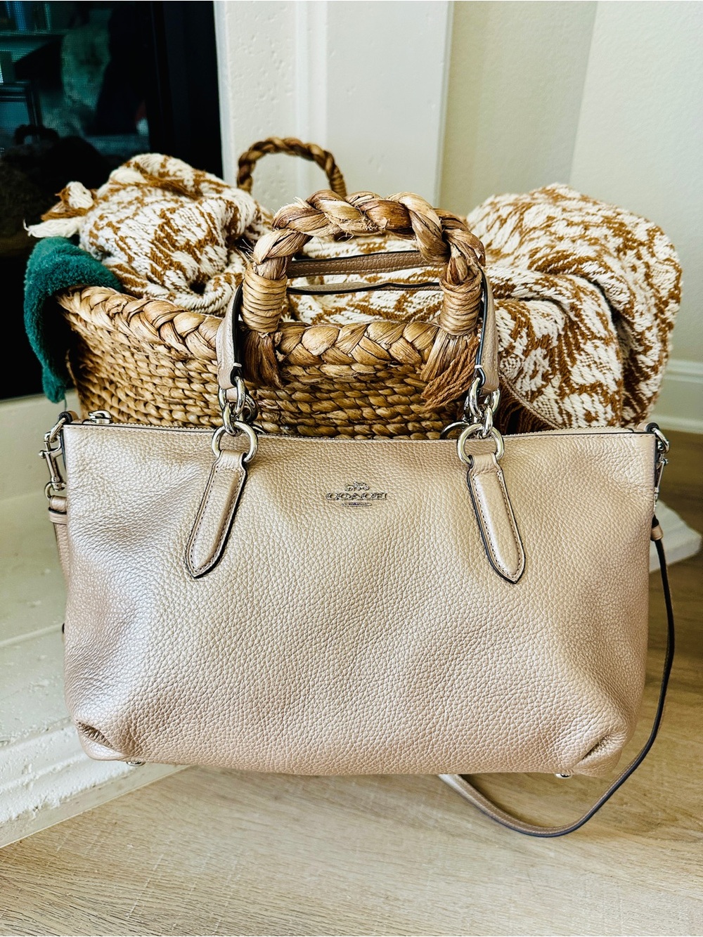 Coach Ally Metallic Tan/Gold Pebbled Leather Carryall Bag w/silver hardware